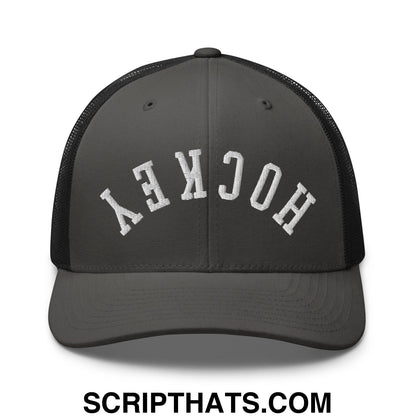 Upside Down Hockey Embroidered Mesh Trucker Hat Charcoal Black