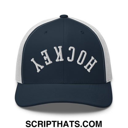 Upside Down Hockey Embroidered Mesh Trucker Hat Navy White