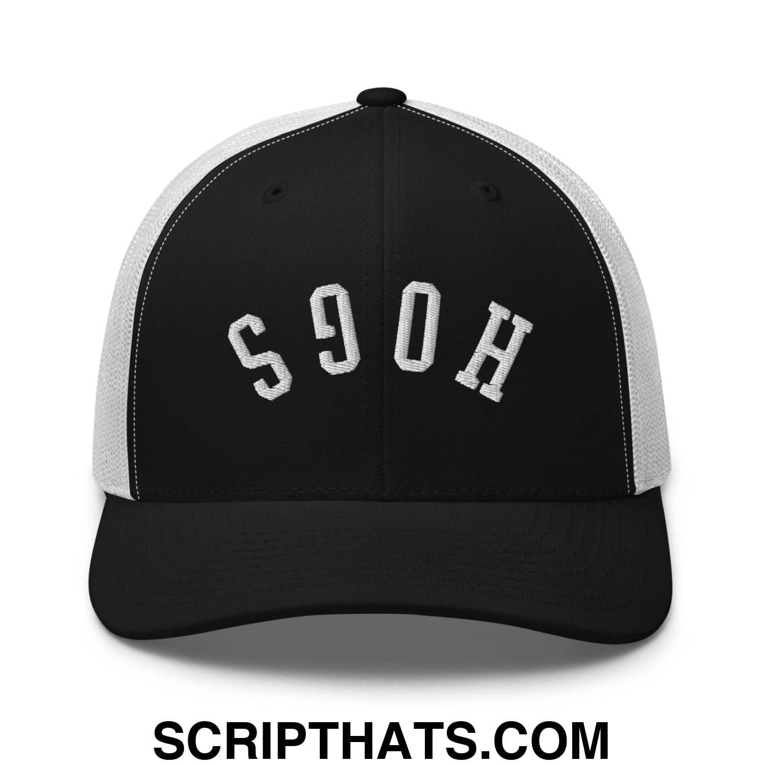 Upside Down Hogs Embroidered Mesh Trucker Hat Black White