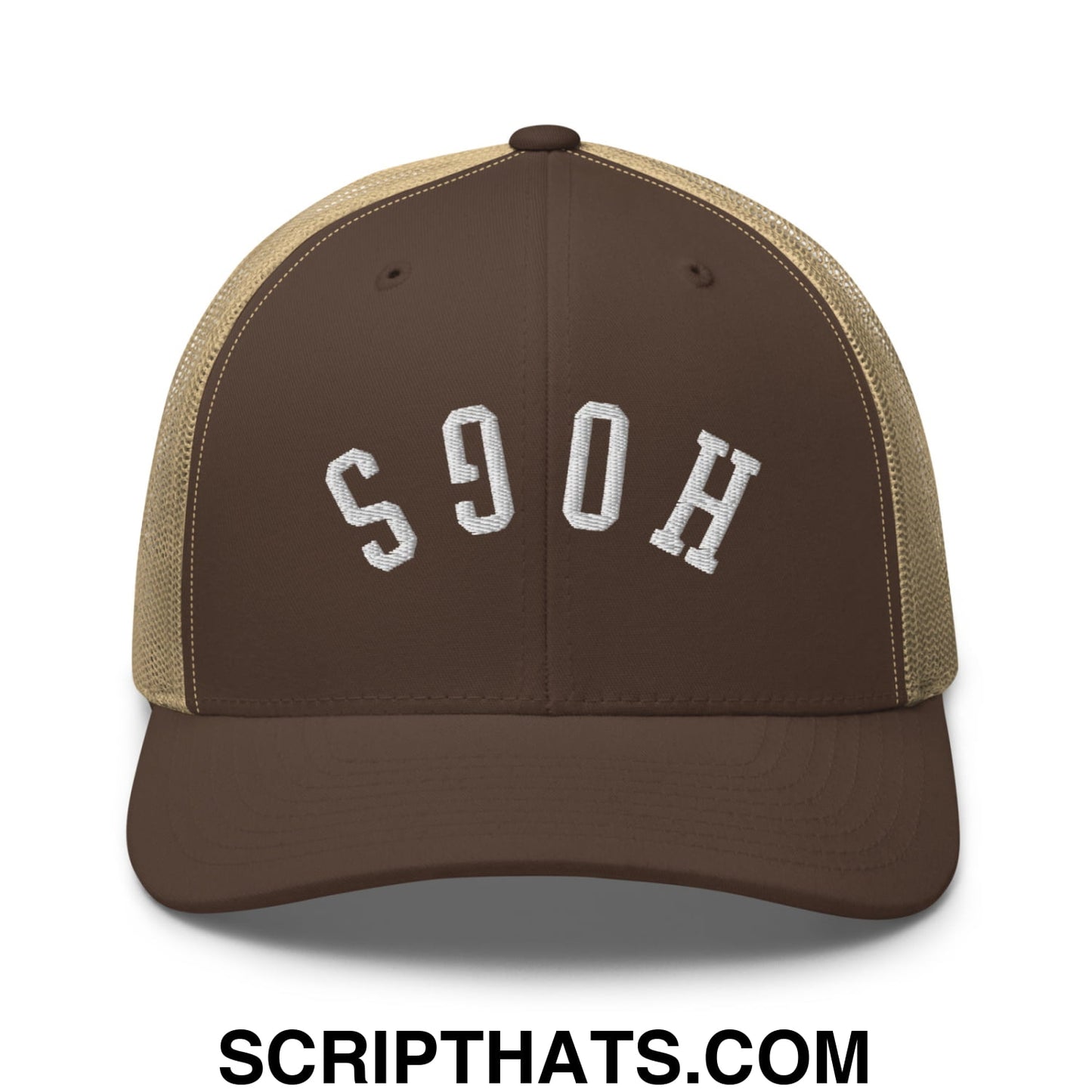 Upside Down Hogs Embroidered Mesh Trucker Hat Brown Khaki