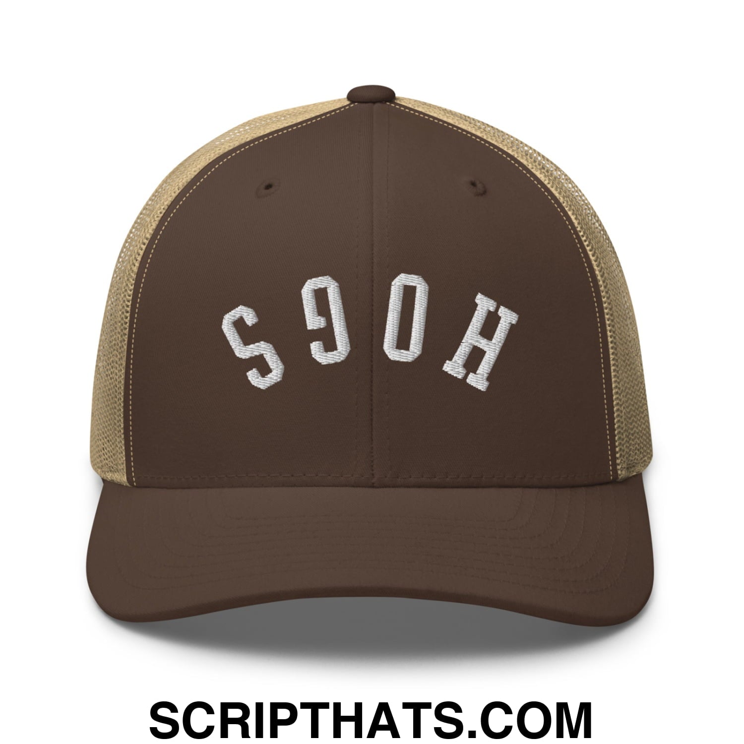 Upside Down Hogs Embroidered Mesh Trucker Hat Brown Khaki