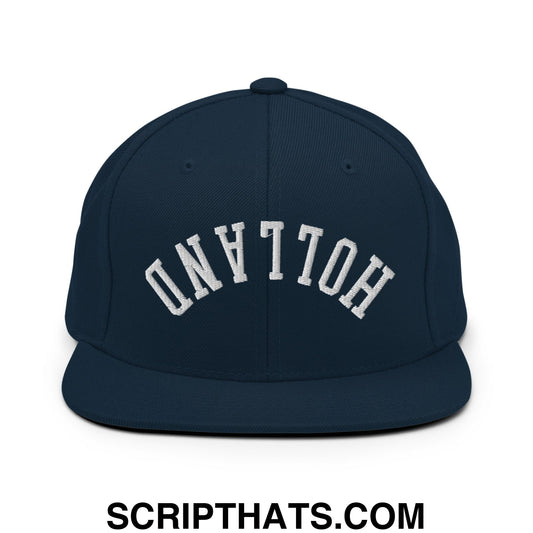 Navy blue snapback hat with white embroidered upside down holland lettering and flat bill brim design