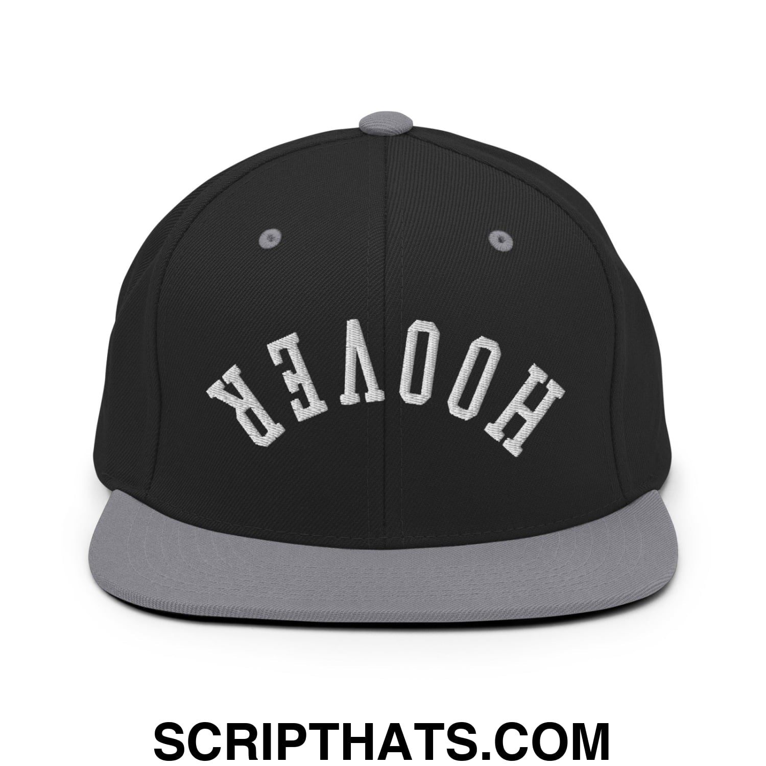 Upside Down Hoover Embroidered Flat Bill Brim Snapback Hat Black Silver