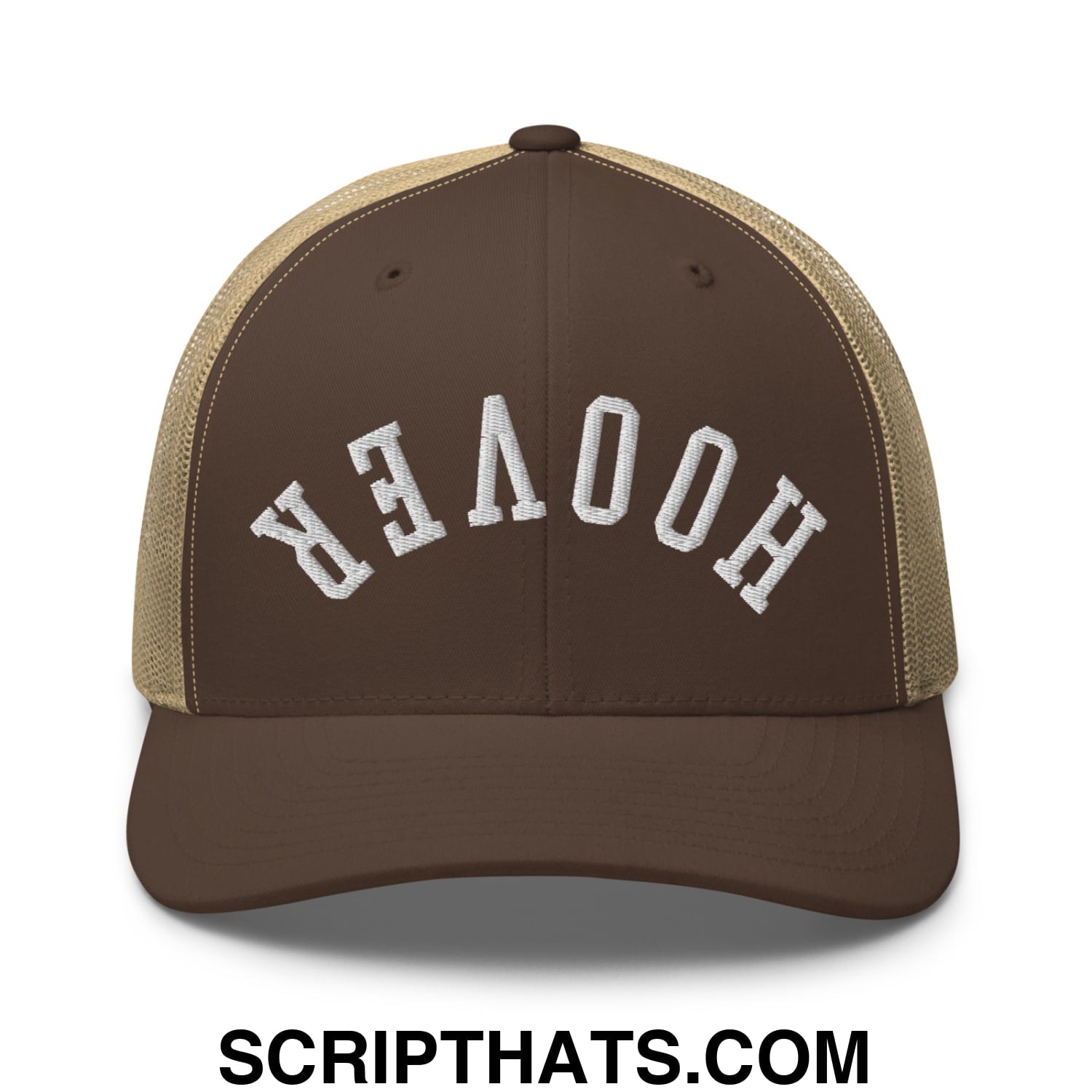 Upside Down Hoover Embroidered Mesh Trucker Hat Brown Khaki