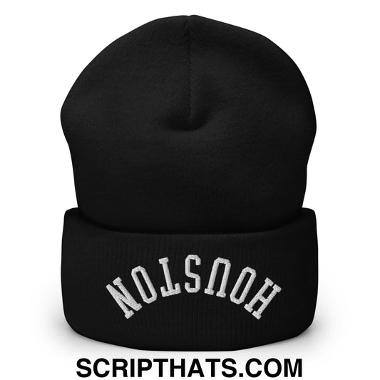 Upside Down Houston Embroidered Cuffed Knit Beanie Black