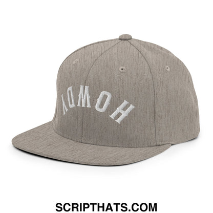 Gray heathered snapback cap with white embroidered homo lettering and flat bill brim from upside down howdy collection