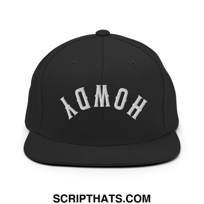 Black snapback cap with white embroidered homo lettering in classic arch on flat bill brim for casual wear