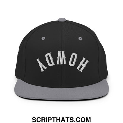 Black snapback cap with gray brim and embroidered white homoy lettering in a classic arch design flat bill hat