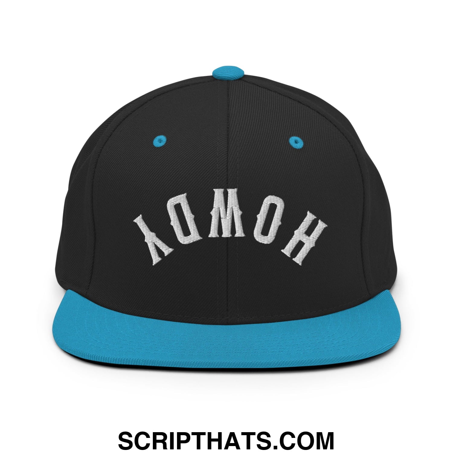 Black snapback cap with teal brim and button featuring white embroidered homoy lettering in an arched design