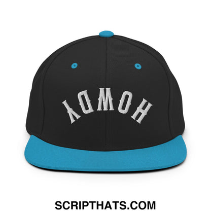 Black snapback cap with teal brim and button featuring white embroidered homoy lettering in an arched design