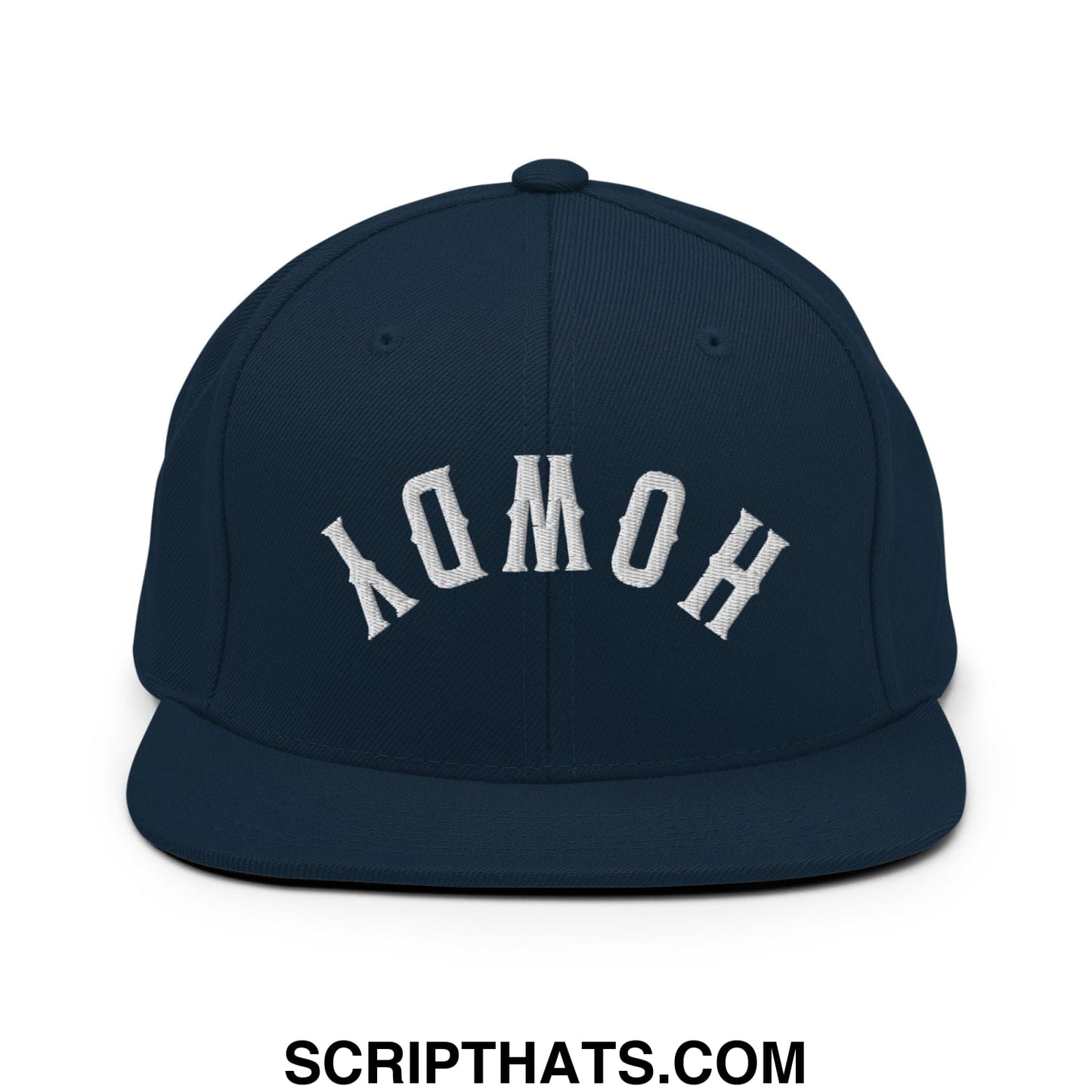 Navy blue snapback cap with white embroidered homo lettering in classic arched design flat bill brim hat