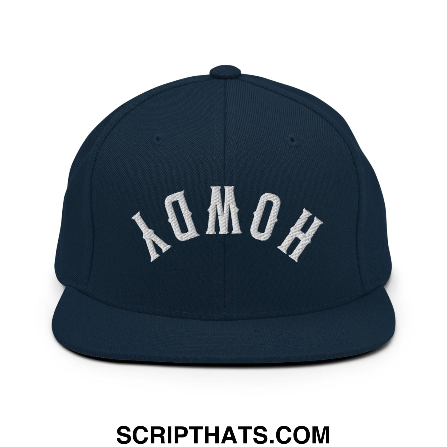 Navy blue snapback cap with white embroidered homo lettering in classic arched design flat bill brim hat