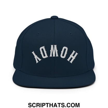 Navy blue snapback cap with white embroidered homo lettering in classic arched design flat bill brim hat