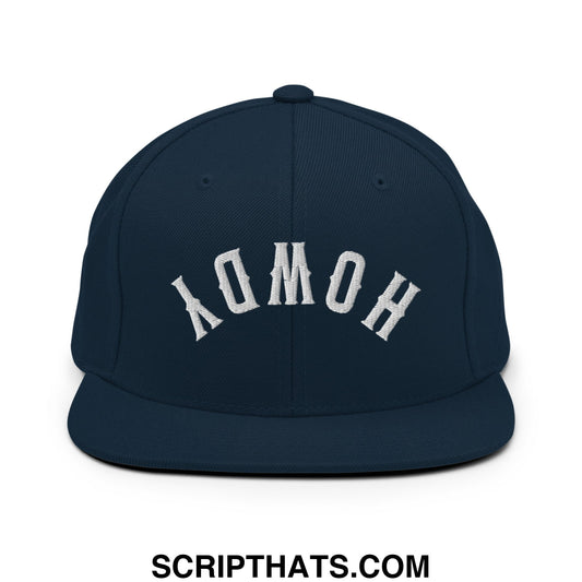 Upside Down Howdy Embroidered Flat Bill Brim Snapback Hat Dark Navy