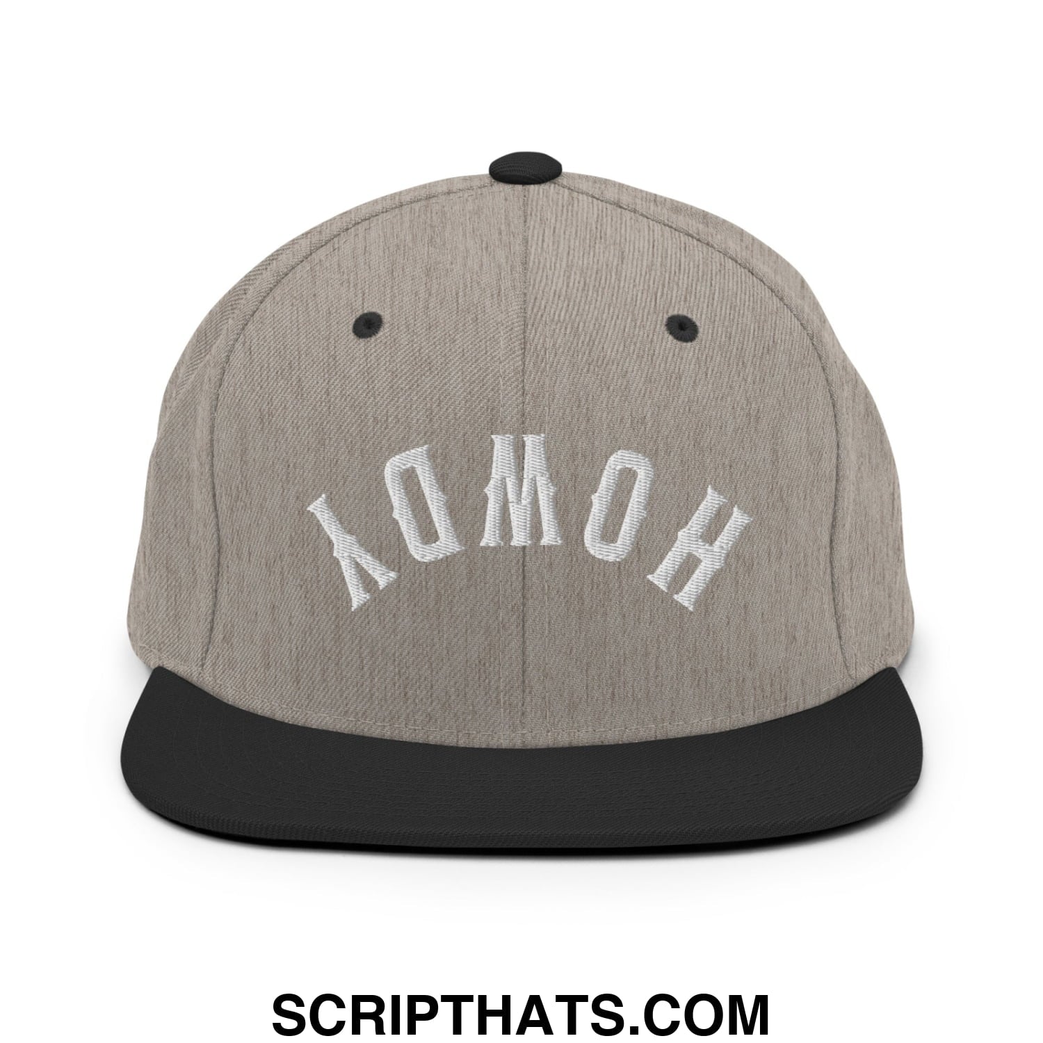 Gray and black snapback cap with white embroidered yomoh lettering and flat bill brim in upside down howdy style