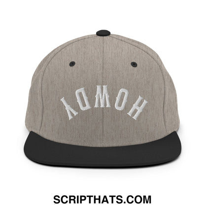 Gray and black snapback cap with white embroidered yomoh lettering and flat bill brim in upside down howdy style