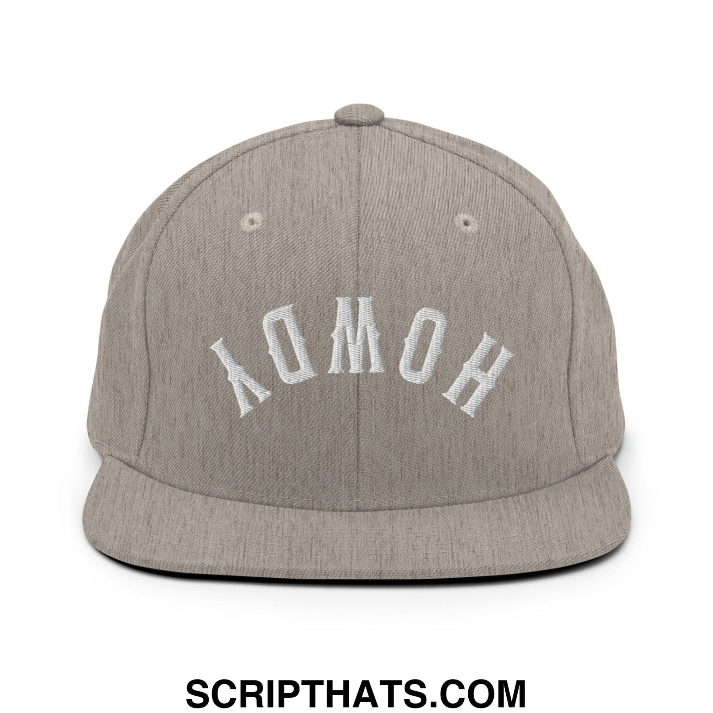 Gray heather snapback cap with white embroidered yomoh lettering and flat bill brim in the upside down howdy style