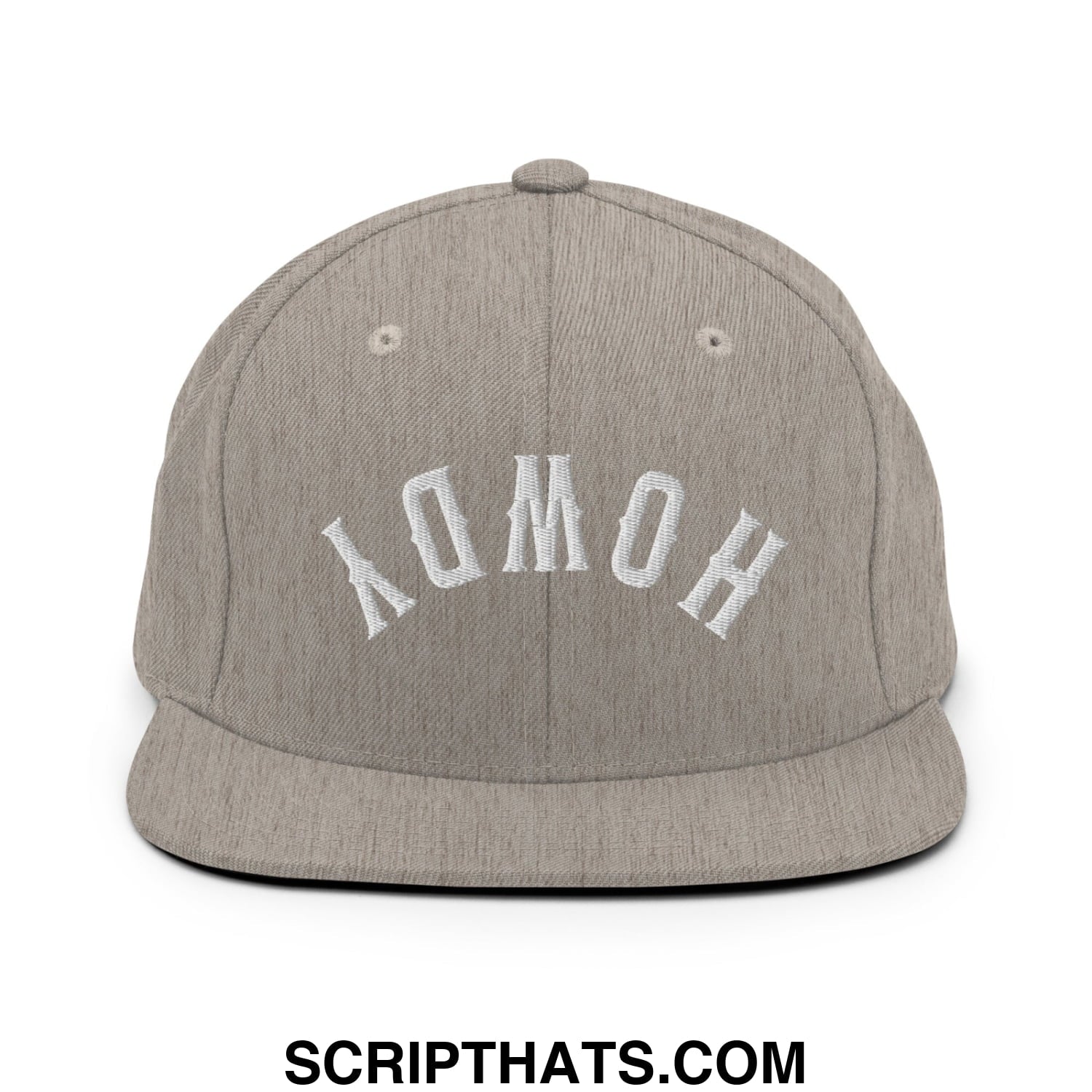 Gray heather snapback cap with white embroidered yomoh lettering and flat bill brim in the upside down howdy style