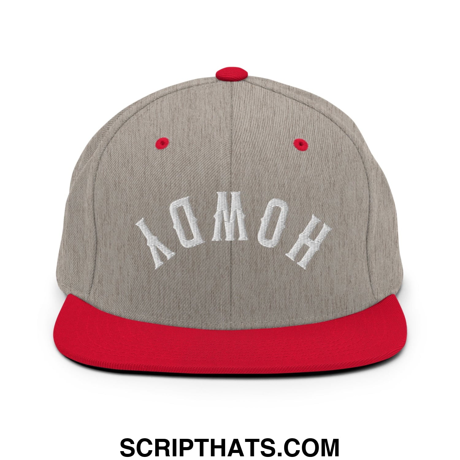 Gray and red snapback cap with white embroidered yomoh lettering and flat bill brim in upside down howdy style