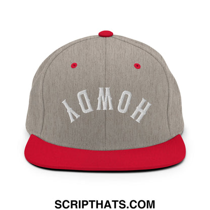 Gray and red snapback cap with white embroidered yomoh lettering and flat bill brim in upside down howdy style