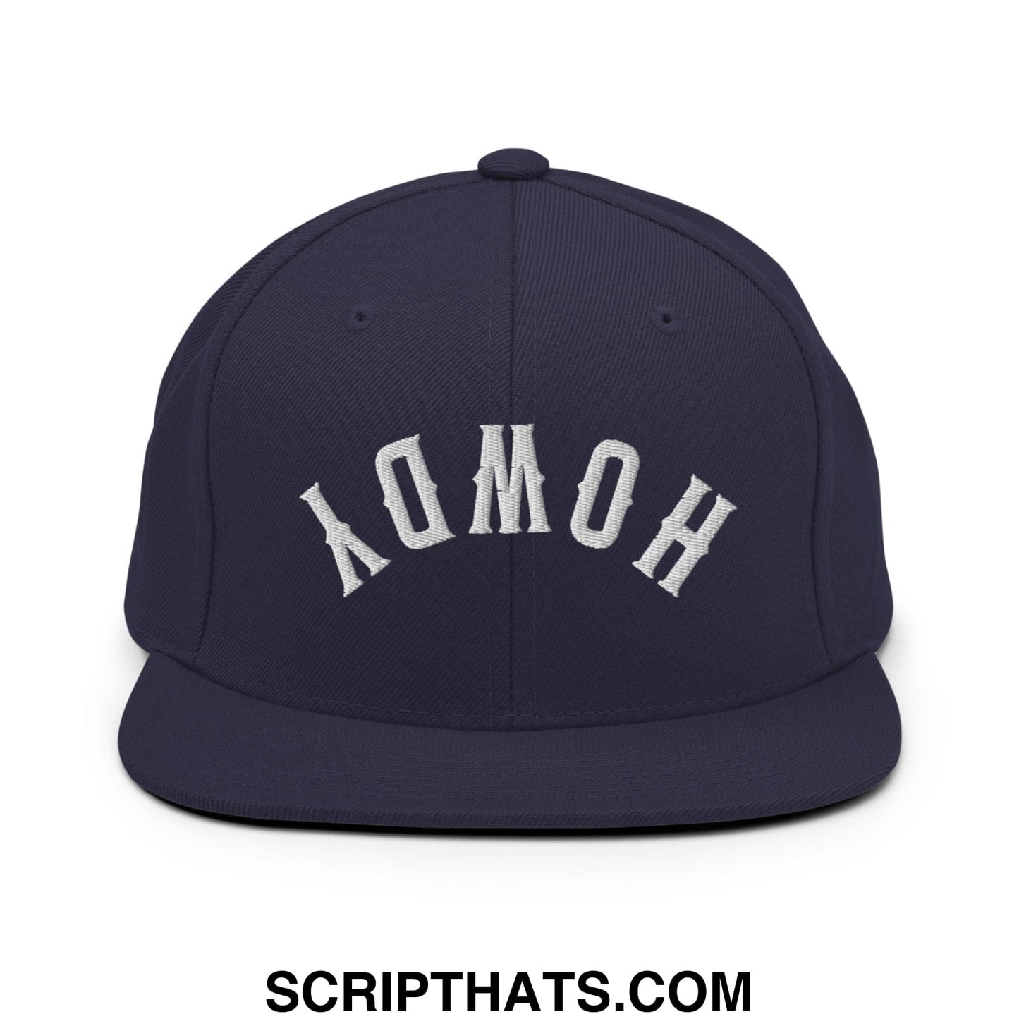 Navy blue snapback hat with white embroidered homo lettering in a classic arched design flat bill brim
