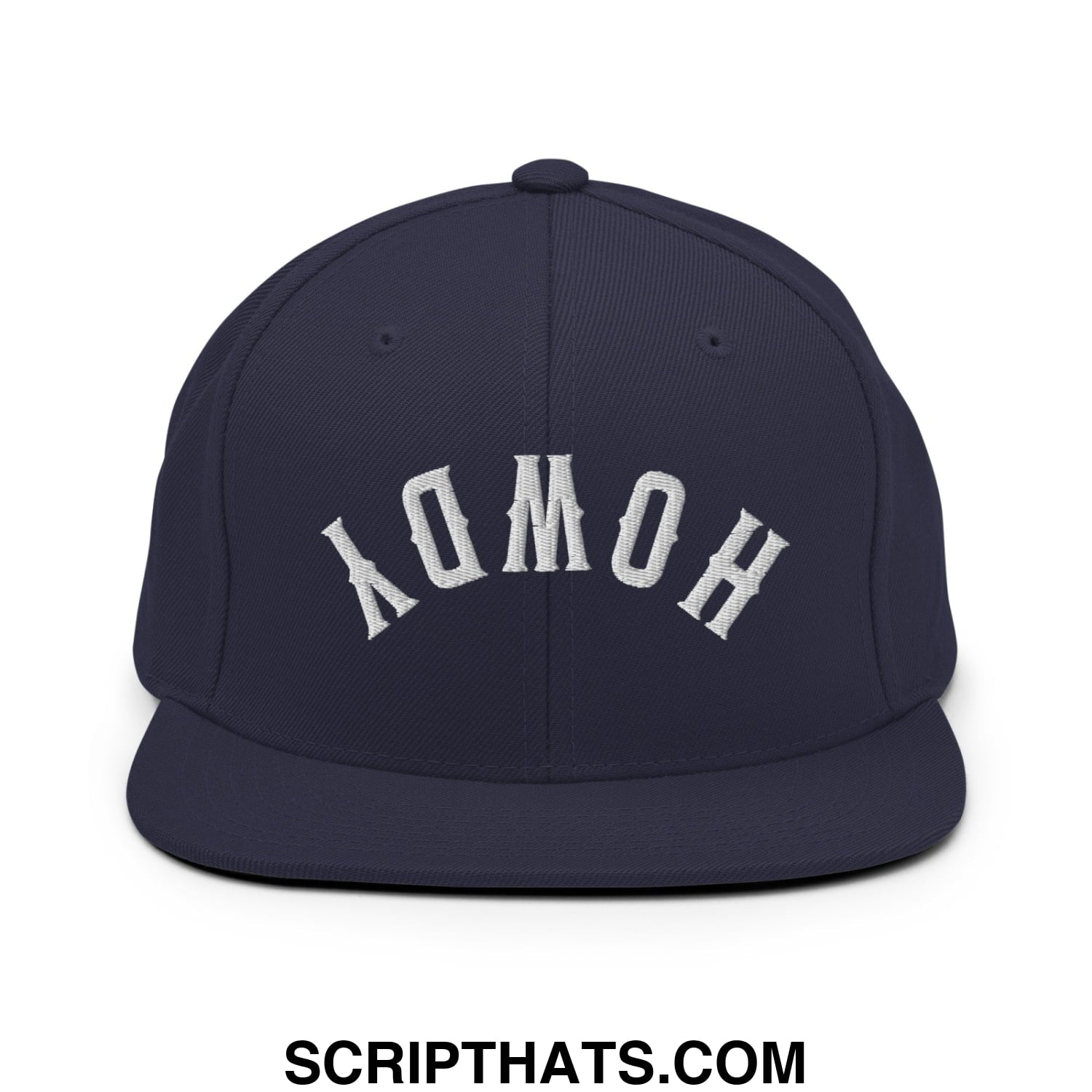 Navy blue snapback hat with white embroidered homo lettering in a classic arched design flat bill brim