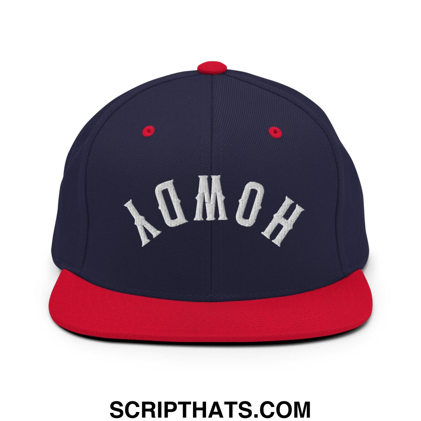 Navy blue and red snapback hat with white embroidered homoy lettering and flat bill brim design