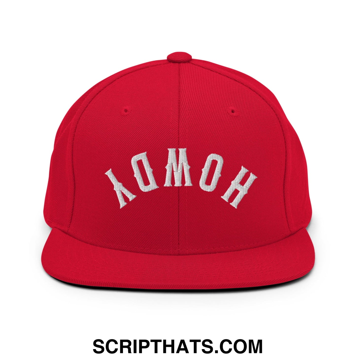 Red snapback cap with white embroidered homoy lettering in an arched design flat bill brim snapback hat