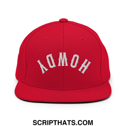 Red snapback cap with white embroidered homoy lettering in an arched design flat bill brim snapback hat