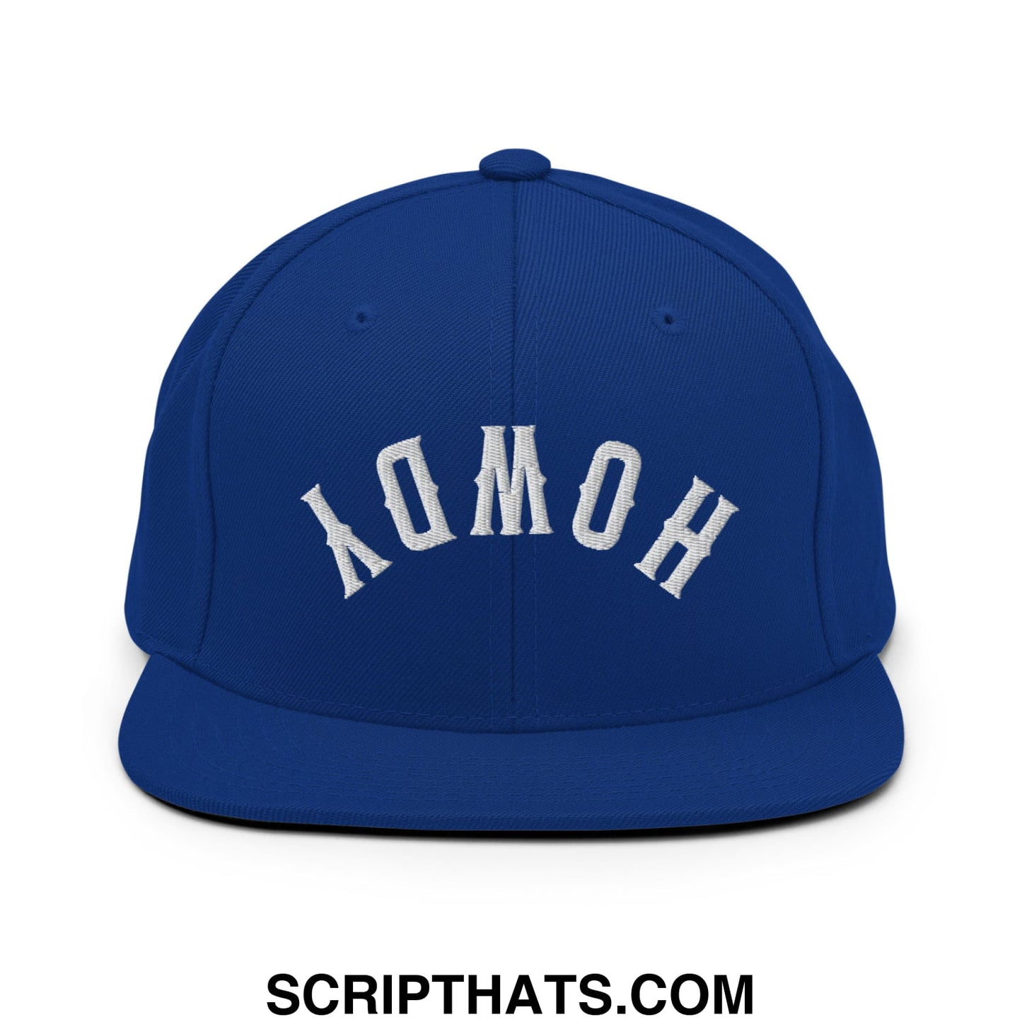 Royal blue snapback cap with white embroidered homo lettering in a classic arched design flat bill brim hat