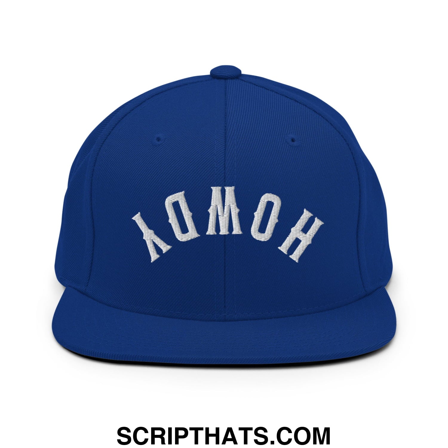Royal blue snapback cap with white embroidered homo lettering in a classic arched design flat bill brim hat