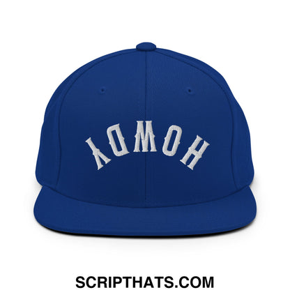 Royal blue snapback cap with white embroidered homo lettering in a classic arched design flat bill brim hat
