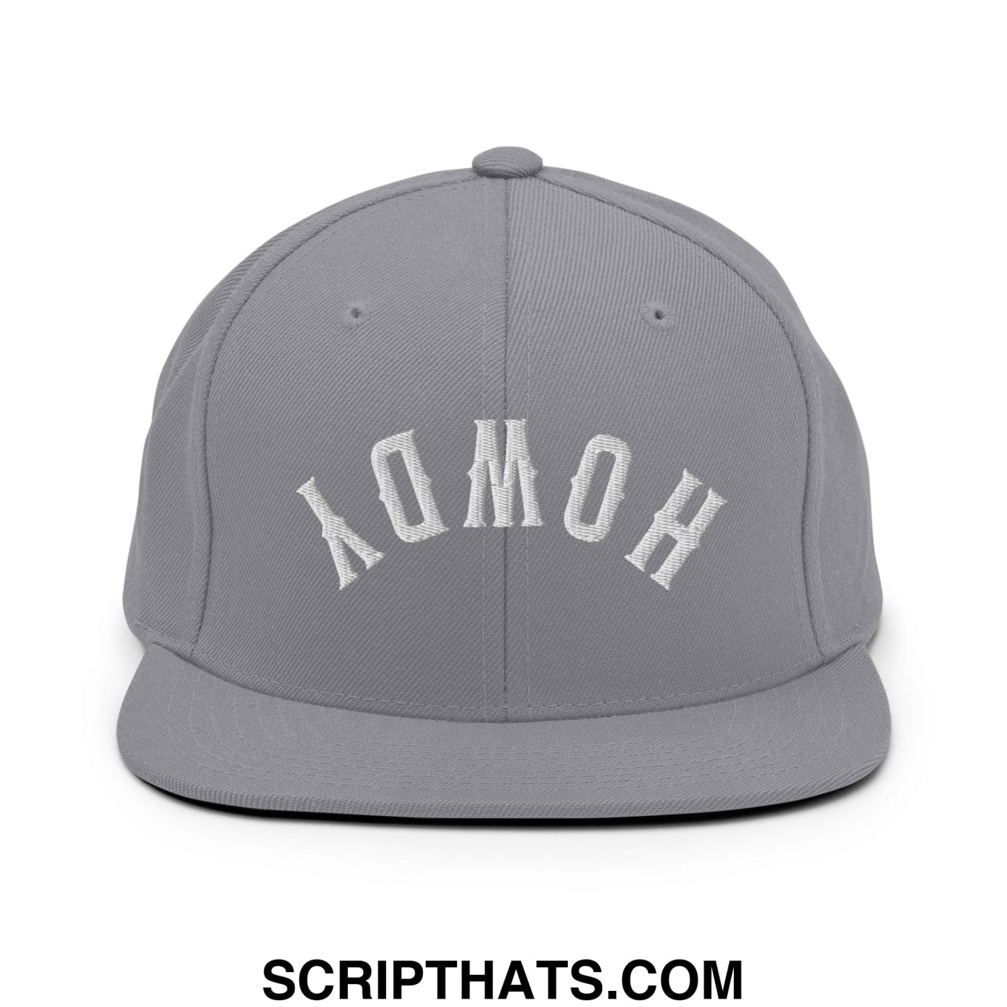 Gray snapback cap with white embroidered homoy arch design and flat bill brim in upside down howdy style