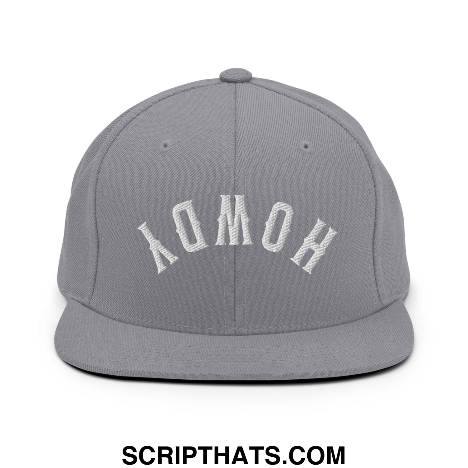 Gray snapback cap with white embroidered homoy arch design and flat bill brim in upside down howdy style