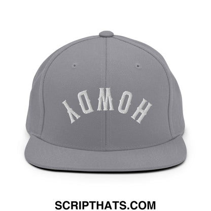 Gray snapback cap with white embroidered homoy arch design and flat bill brim in upside down howdy style