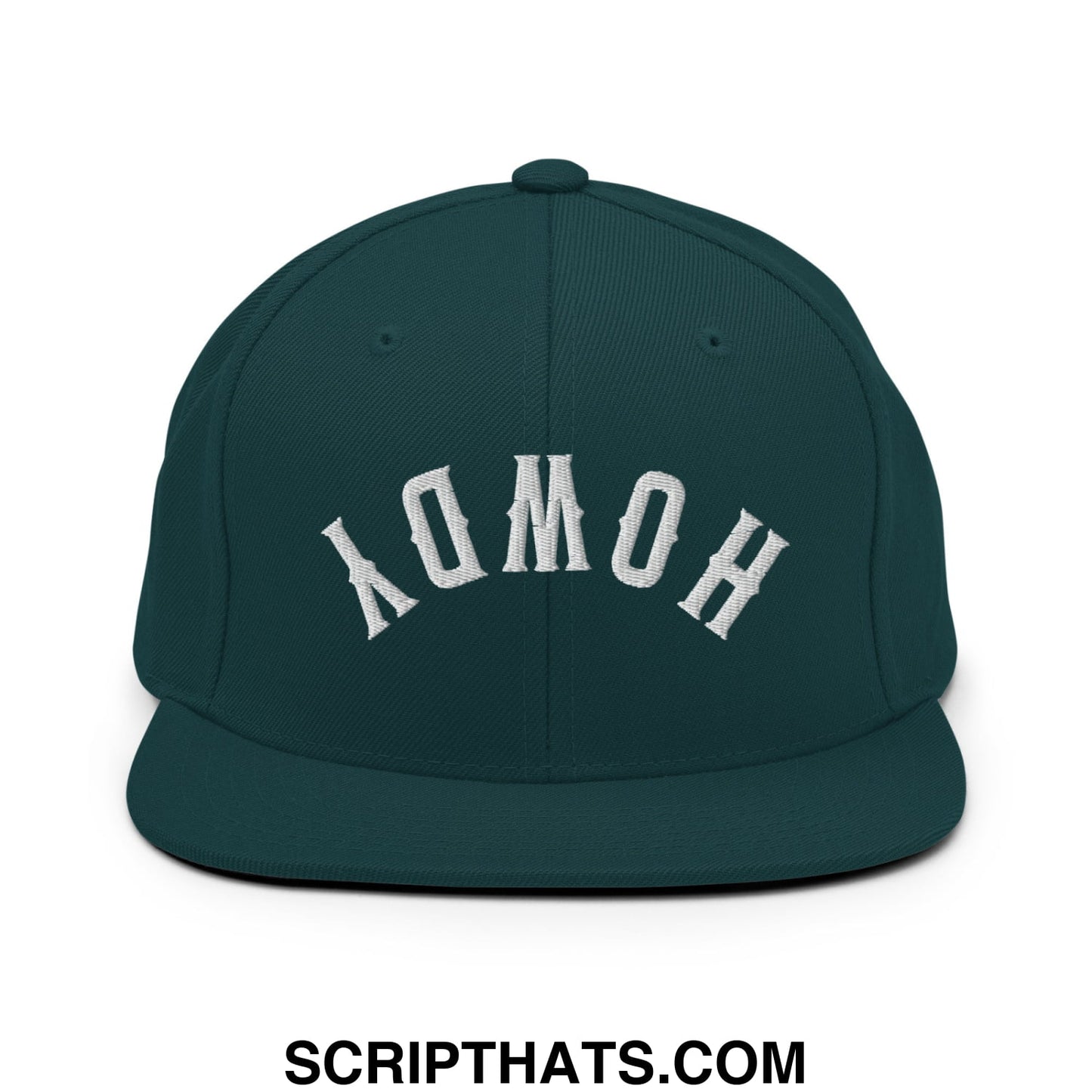 Dark green snapback cap with white embroidered homo lettering in arched design from upside down howdy collection
