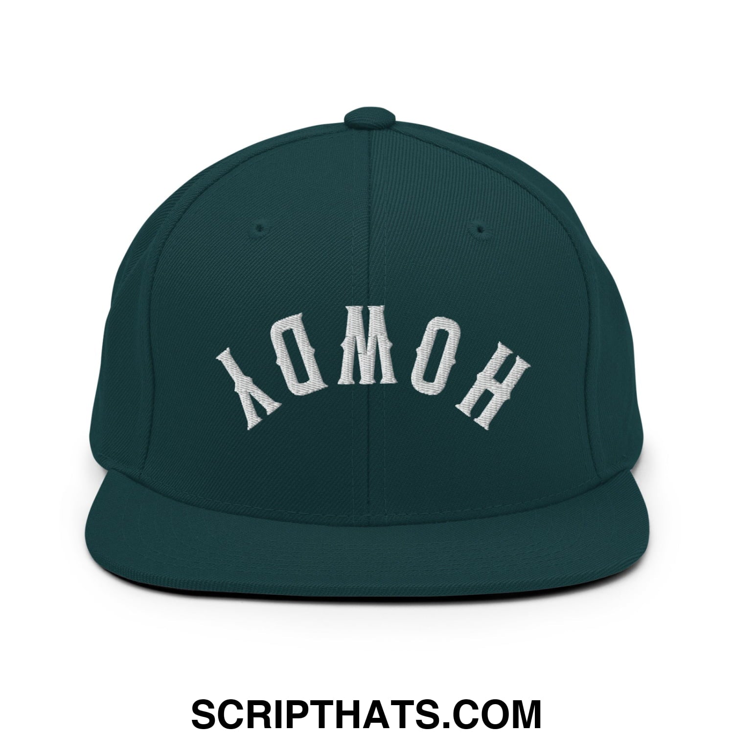 Dark green snapback cap with white embroidered homo lettering in arched design from upside down howdy collection