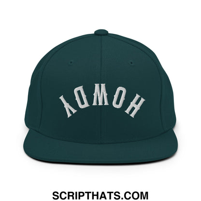 Dark green snapback cap with white embroidered homo lettering in arched design from upside down howdy collection