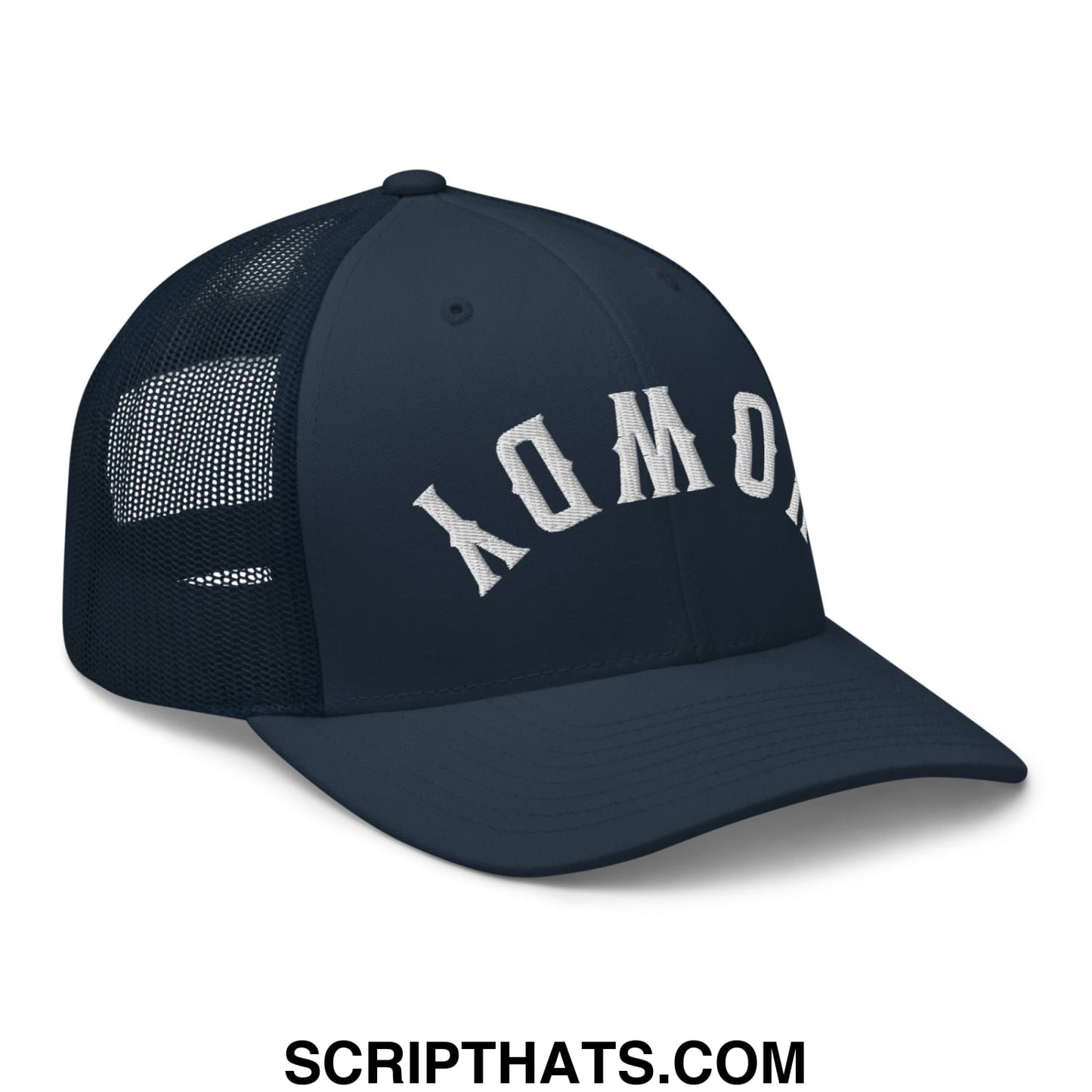 Dark navy mesh trucker hat with white embroidered aomo lettering front upsidedown howdy embroidered design
