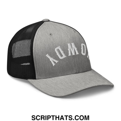 Gray and black mesh trucker hat with white embroidered upside down howdy lettering on front panel