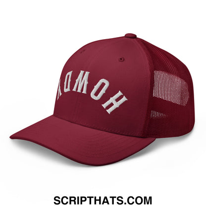 Maroon upside down howdy embroidered mesh trucker hat with white homo lettering and breathable mesh back panel