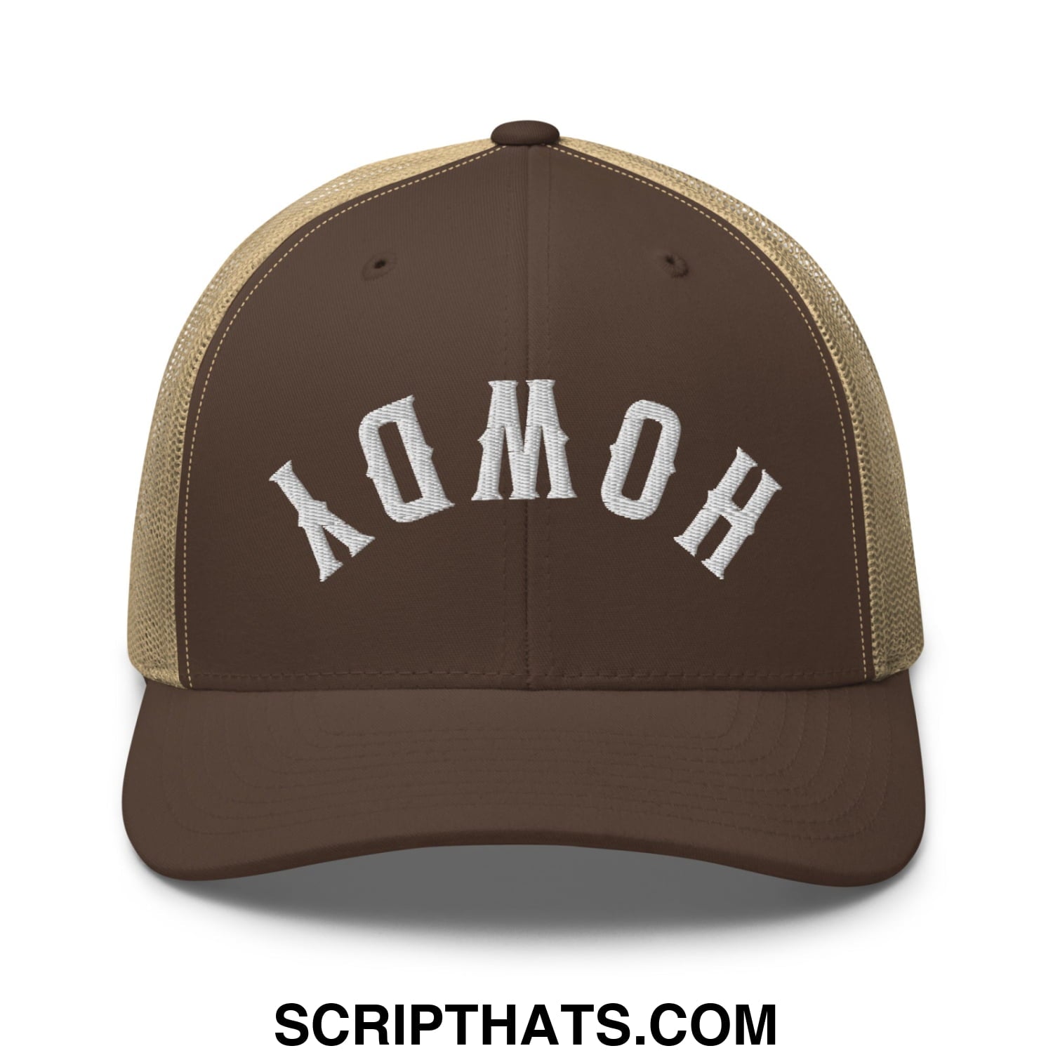 Brown and tan mesh trucker hat with white embroidered yomoh lettering in upside down howdy design