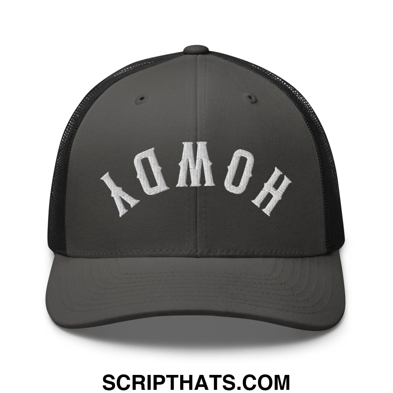 Dark gray mesh trucker hat with white embroidered yomoh lettering front in upside down howdy design