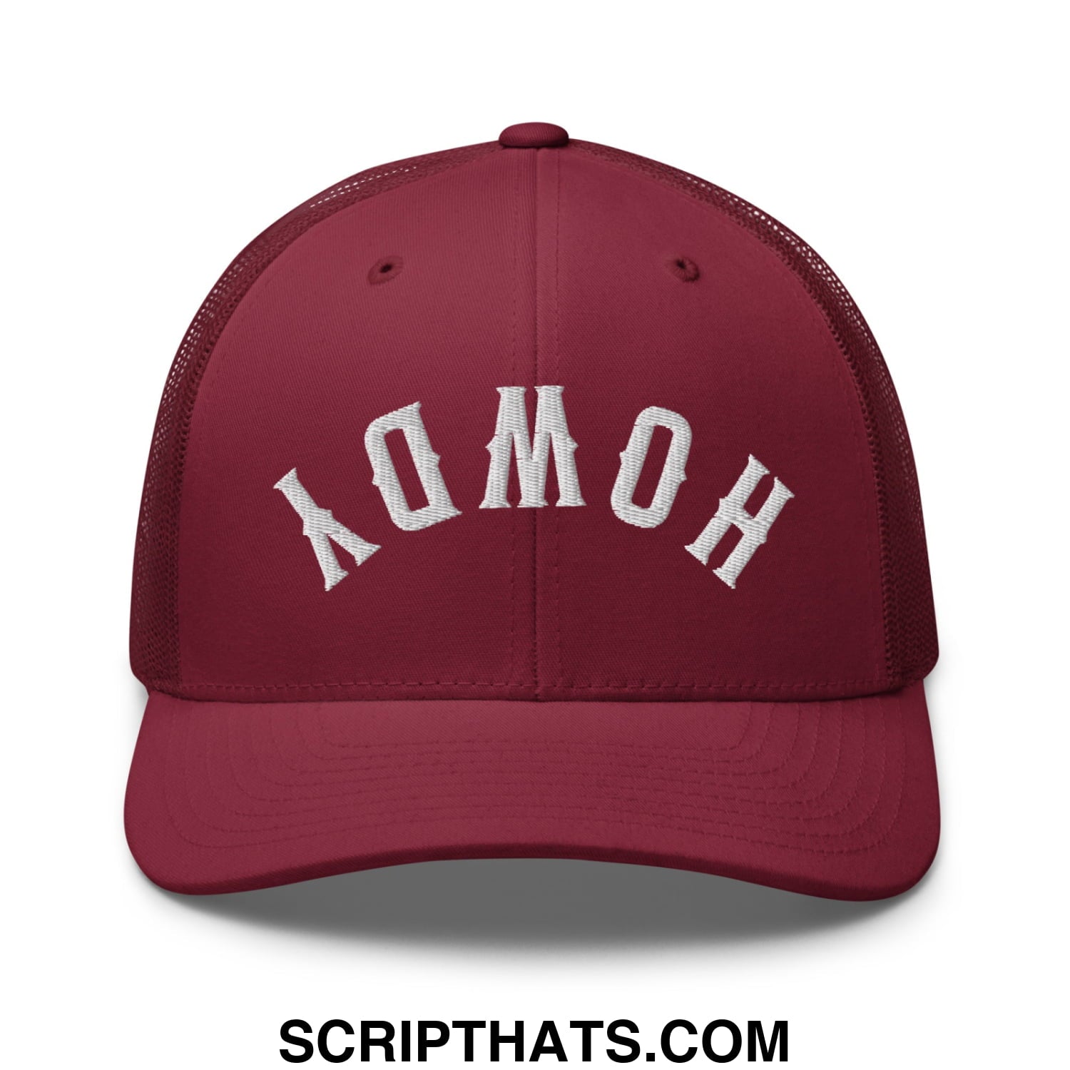 Maroon mesh trucker hat with white embroidered aomoh lettering front for casual outdoor use
