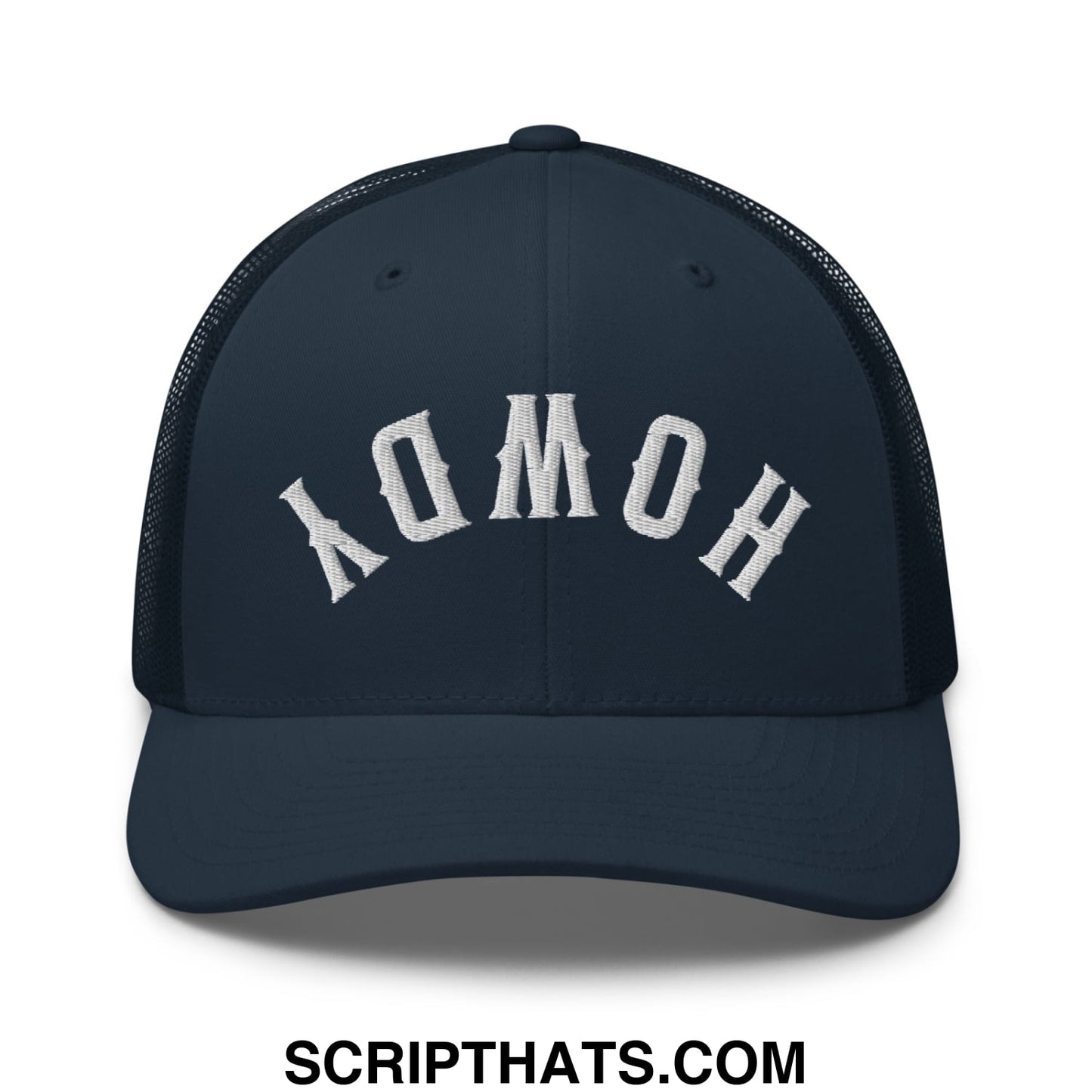 Dark navy mesh trucker hat with white embroidered yomoh lettering in an arched design upside down howdy style
