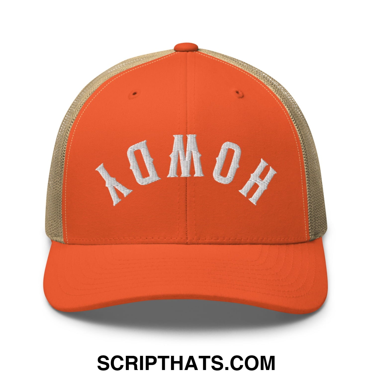 Orange and beige mesh trucker hat with white embroidered komoh lettering from upside down howdy collection