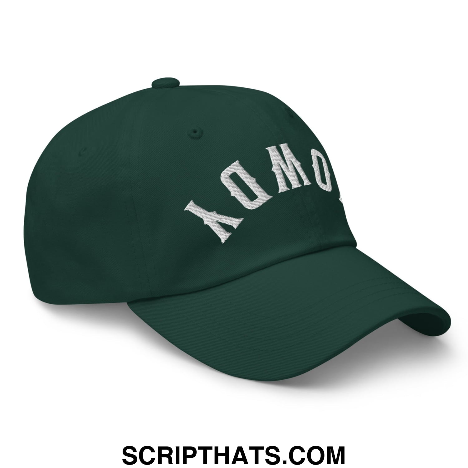 Dark green unstructured dad hat with white embroidered admo lettering in an arched design from upside down howdy