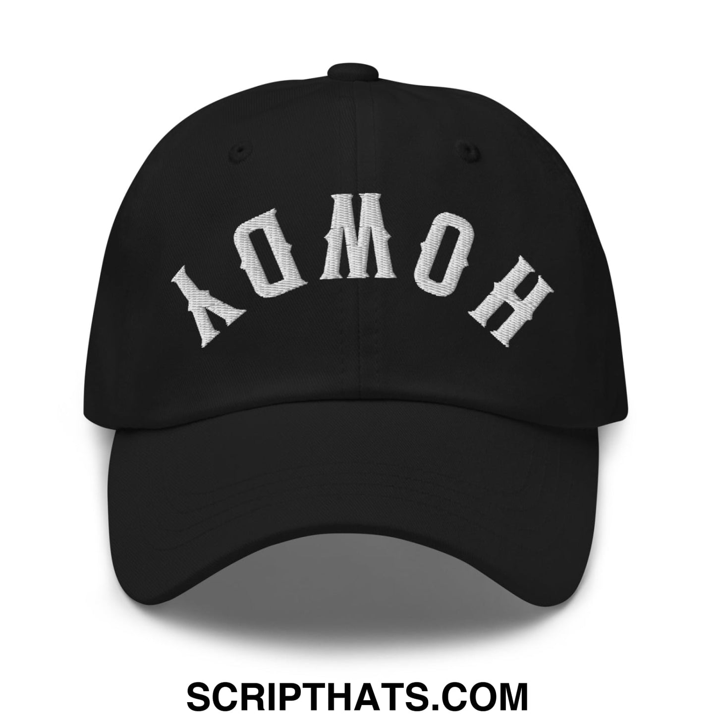 Black unstructured dad hat featuring white embroidered homo arch design from upside down howdy collection