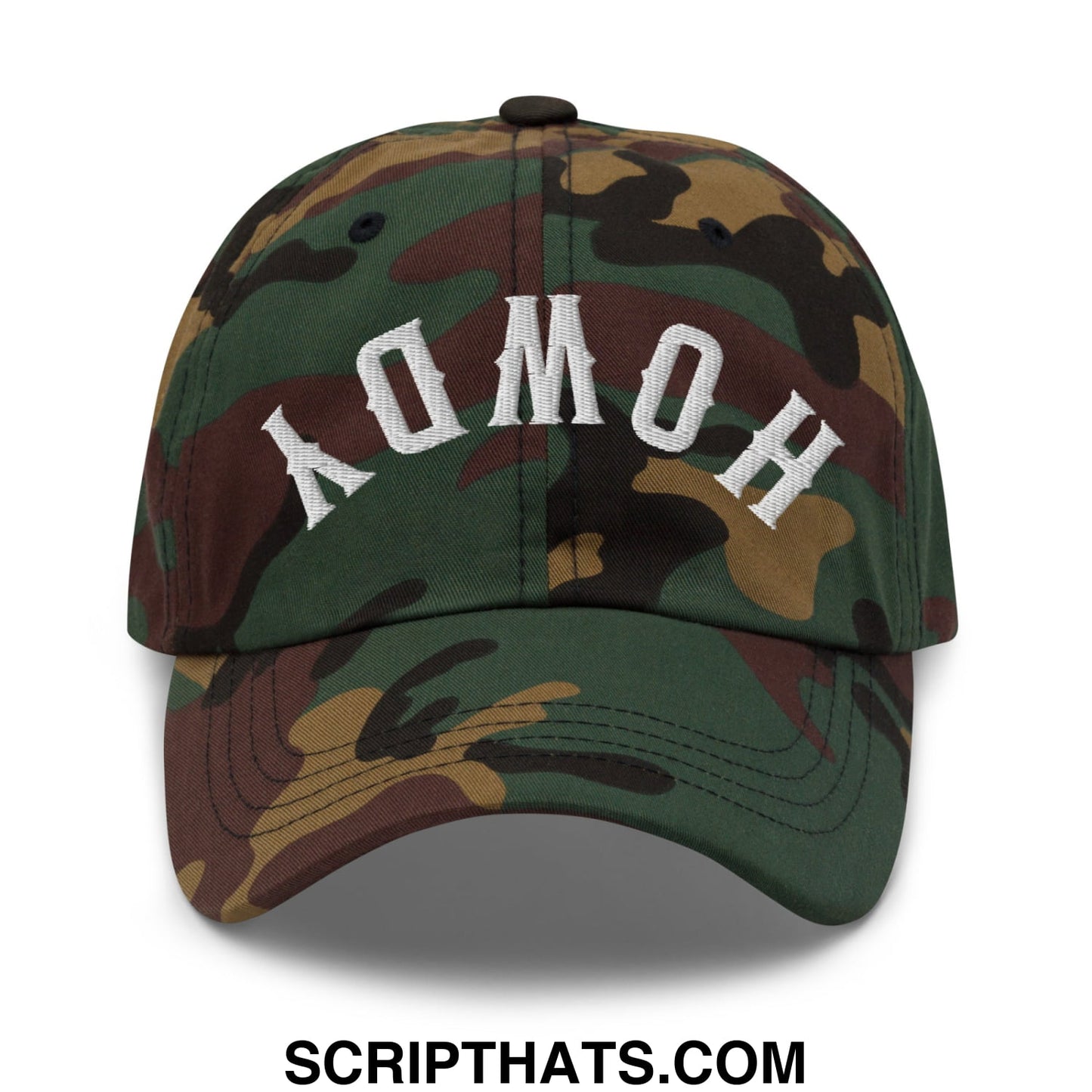 A camouflage unstructured dad hat with white embroidered upside down howdy lettering on the front