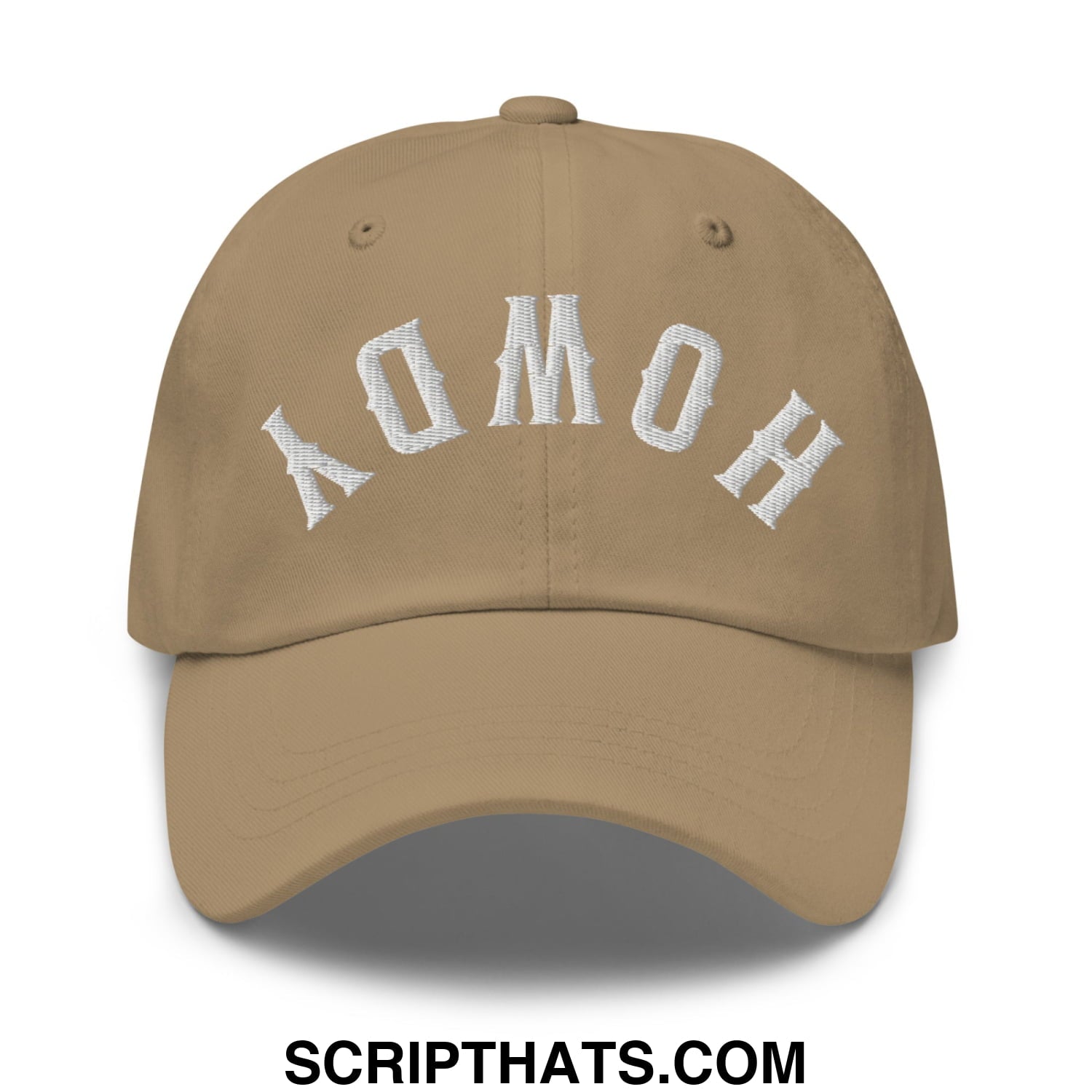 Beige unstructured dad hat with white upside down howdy embroidered arched lettering on the front panel